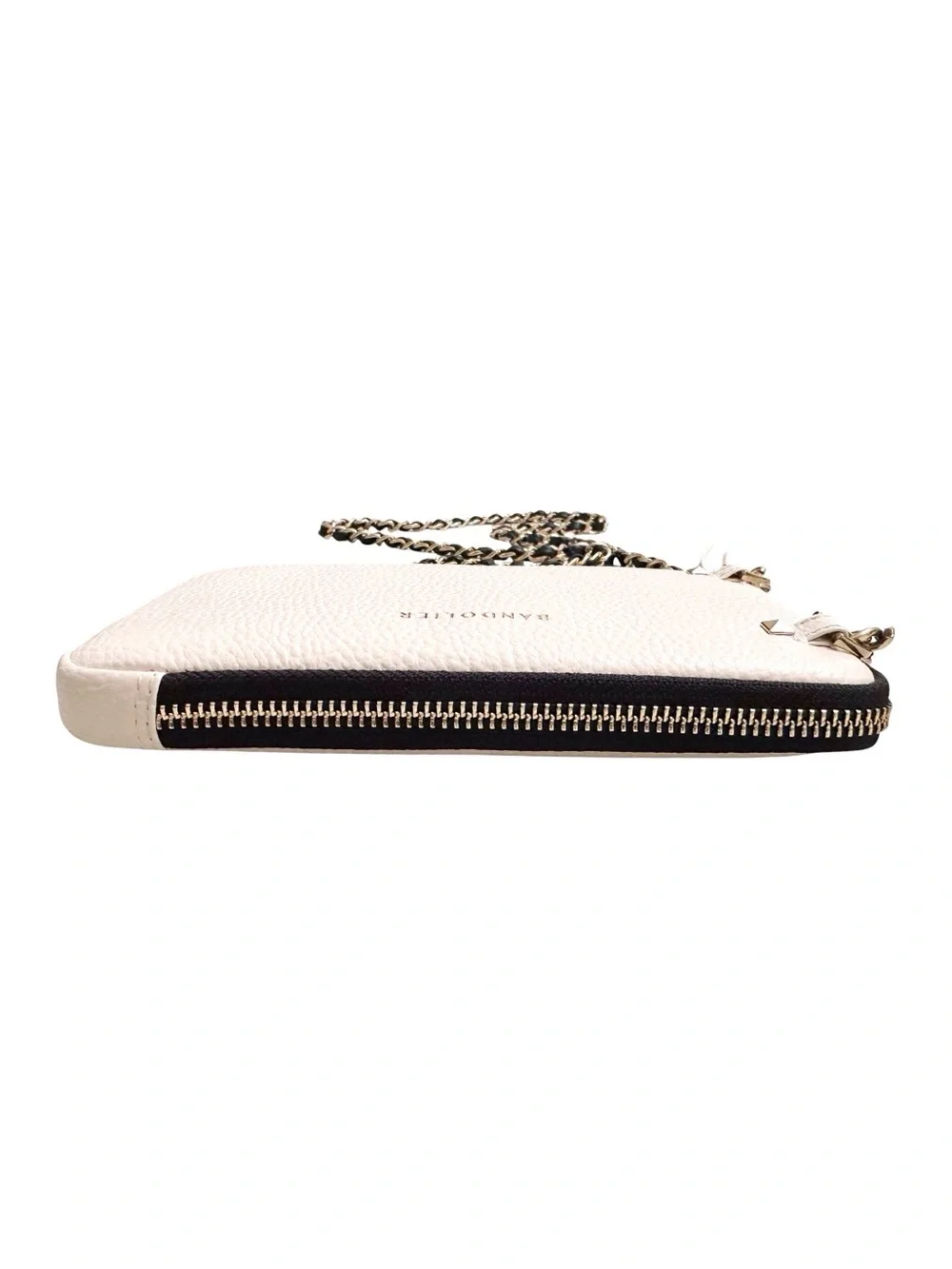Bandolier Pebbled Leather Expanded Zip Pouch Ivory and Gold with Chain Strap